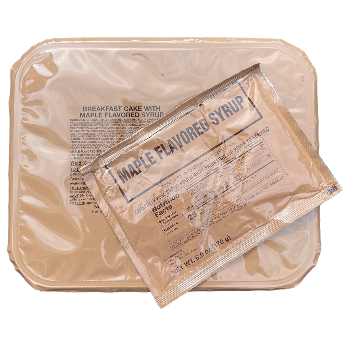 Military MRE Tray Pack, Breakfast Cake with Maple Syrup, Ready to Eat (UGR Component)